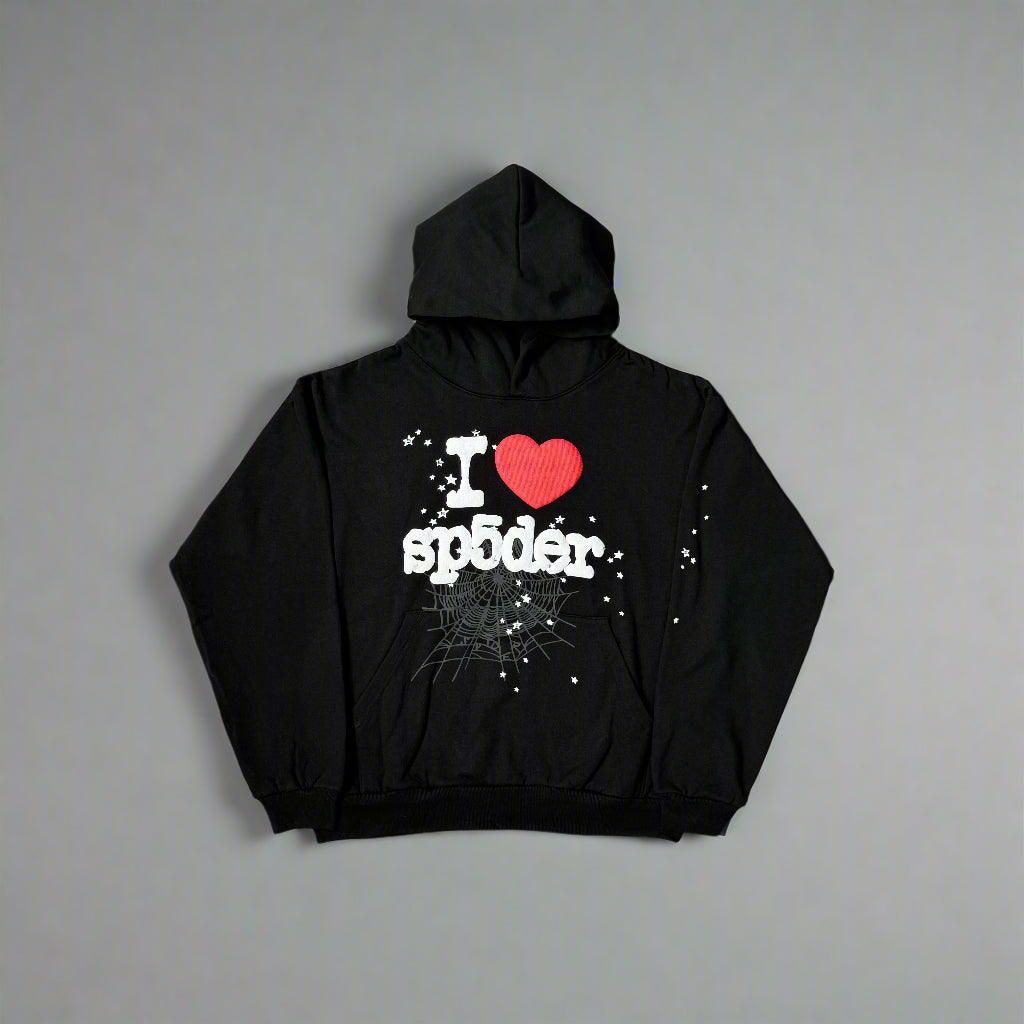 Black hoodie with 'I ❤️ spider' text on a gray background